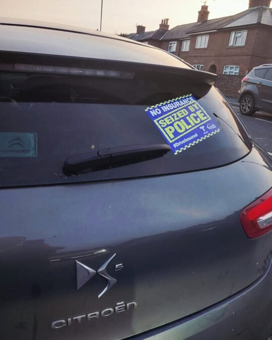 Driver stopped after overtaking marked police car on hatchings without insurance